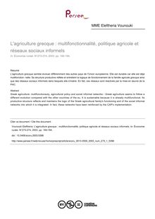 L agriculture grecque : multifonctionnalité, politique agricole et réseaux sociaux informels - article ; n°1 ; vol.273, pg 184-194