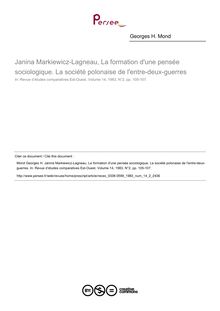 Janina Markiewicz-Lagneau, La formation d une pensée sociologique. La société polonaise de l entre-deux-guerres  ; n°2 ; vol.14, pg 105-107