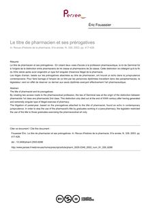Le titre de pharmacien et ses prérogatives - article ; n°339 ; vol.91, pg 417-426