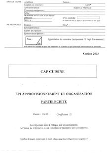 Approvisionnement et organisation 2003 CAP Cuisine