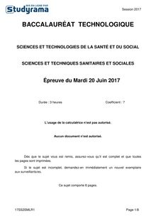 Sujet Bac ST2S 2017 - Sciences et Techniques Sanitaires et Sociales 