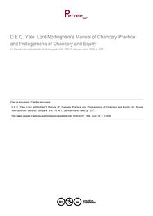 D.E.C. Yale, Lord Nottingham s Manual of Chancery Practice and Prolegomena of Chancery and Equity - note biblio ; n°1 ; vol.18, pg 337-337