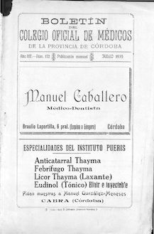 Boletín del Colegio Oficial de Médicos de la Provincia de Córdoba, n. 172 (1935)