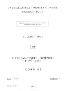 Corrige BACPRO ENERGETIQUE Mathematiques Sciences physiques 2003