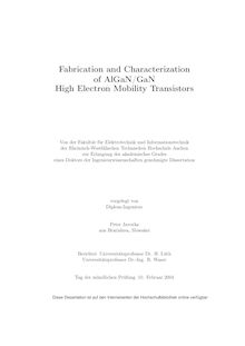 Fabrication and characterization of AlGaN/GaN high electron mobility transistors [Elektronische Ressource] / vorgelegt von Peter Javorka