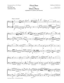 Partition complète, basse clef notation (concert pitch), 3 duos pour clarinette et basson