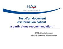 Outils associés au document d information patient à partir d une recommandation de bonne pratique - Information patients - DIAPO test