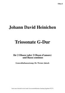 Partition hautbois 1, Triosonata en G major (SeiH 252), Trio Sonata ex G, Oboe primo, Oboe secondo et Basso. Triosonate für 2 Oboen oder 2 Oboen d amore G-Dur.