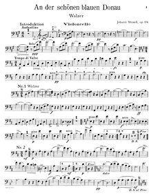 Partition violoncelles, pour Blue Danube, Op. 314, On the Beautiful Blue Danube - WalzesAn der schönen blauen Donau