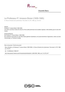 Le Professeur P. Ionesco-Stoian (1909-1985) - article ; n°270 ; vol.74, pg 213-214