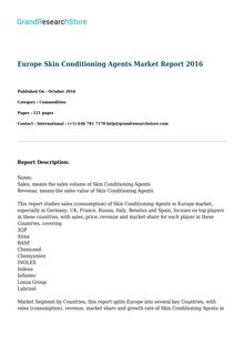 Europe Skin Conditioning Agents Market By Countries(Germany, UK, France, Russia, Italy) Report 2016