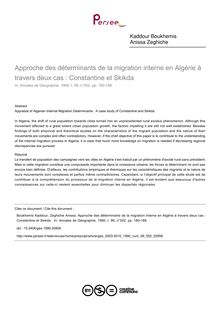Approche des déterminants de la migration interne en Algérie à travers deux cas : Constantine et Skikda  - article ; n°552 ; vol.99, pg 180-188