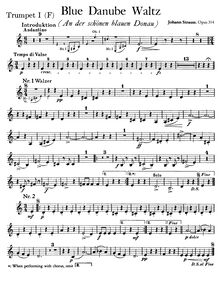 Partition trompette 1 (F), pour Blue Danube, Op. 314, On the Beautiful Blue Danube - WalzesAn der schönen blauen Donau