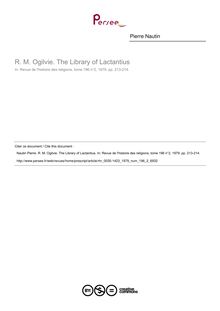 R. M. Ogilvie. The Library of Lactantius  ; n°2 ; vol.196, pg 213-214