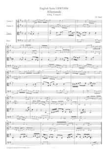 Partition ténor viole de gambe, anglais  No.1, BWV 806, A major par Johann Sebastian Bach