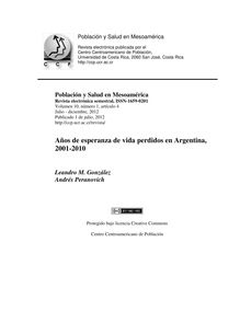 Años de esperanza de vida perdidos en Argentina, 2001-2010 (Years of lost life expectancy in Argentina, 2001-2010)