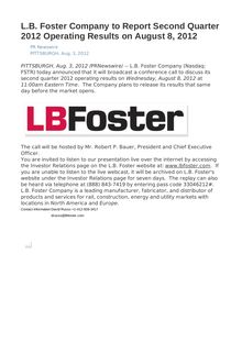 L.B. Foster Company to Report Second Quarter 2012 Operating Results on August 8, 2012