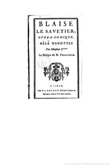 Partition Compete score, Blaise le savetier,  Opéra-comique, mêlé d ariettes