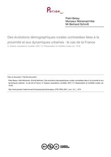 Des évolutions démographiques rurales contrastées liées à la proximité et aux dynamiques urbaines : le cas de la France - article ; n°1 ; vol.19, pg 19-36