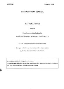Baccalauréat Général (Session 2004) - Série: S -  Epreuve: de Mathématiques MASSIN1