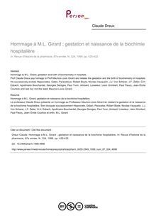 Hommage à M.L. Girard ; gestation et naissance de la biochimie hospitalière - article ; n°324 ; vol.87, pg 425-432