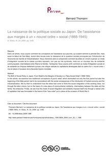 La naissance de la politique sociale au Japon. De l assistance aux marges à un « nouvel ordre » social (1868-1945) - article ; n°1 ; vol.33, pg 3-65