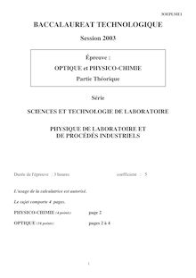 Optique et Physico Chimie 2003 S.T.L (Physique de laboratoire et de procédés industriels) Baccalauréat technologique