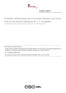 Procédés mathématiques dans les études littéraires, suivi d une Note sur les théories stylistiques de V. V. Vinogradov - article ; n°3 ; vol.20, pg 503-512