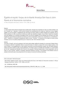 Égalité et équité: l enjeu de la liberté Amartya Sen face à John Rawls et à l économie normative - article ; n°3 ; vol.11, pg 95-125