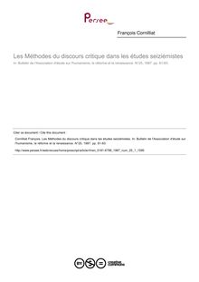 Les Méthodes du discours critique dans les études seiziémistes  ; n°1 ; vol.25, pg 81-83