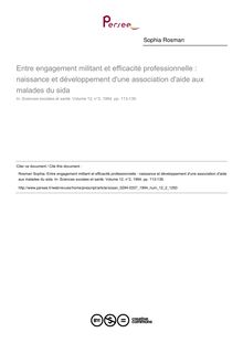 Entre engagement militant et efficacité professionnelle : naissance et développement d une association d aide aux malades du sida - article ; n°2 ; vol.12, pg 113-139