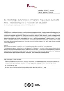 La Psychologie culturelle des immigrants hispaniques aux Etats-Unis : implications pour la recherche en éducation - article ; n°1 ; vol.101, pg 27-44