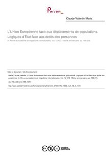 L Union Européenne face aux déplacements de populations. Logiques d Etat face aux droits des personnes - article ; n°2 ; vol.12, pg 169-209