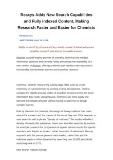 Reaxys Adds New Search Capabilities and Fully Indexed Content, Making Research Faster and Easier for Chemists