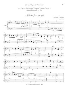 Partition 202-20, 5 Pièces du Second Livre d’Orgue de Lebègue: (15e) Magnificat du 2e ton: , Plein Jeu en g♭ - , Duo - , Basse (de Trompette) - , Récit - , Trio, Livre d orgue de Montréal
