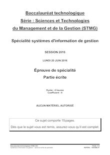 Baccalauréat Spécialité système d information de gestion 2016 série STMG