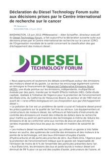 Déclaration du Diesel Technology Forum suite aux décisions prises par le Centre international de recherche sur le cancer