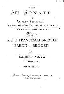 Partition Continuo, 6 quatuors, Op.1, Sei sonate a quatro stromenti a violino primo, secondo, alto viola, cembalo o violoncello