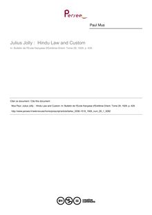 Julius Jolly :  Hindu Law and Custom - article ; n°1 ; vol.29, pg 429-429