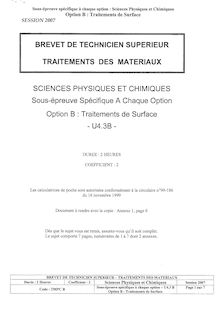 Sciences physiques et chimiques 2007 Traitements de surfaces BTS Traitement des matériaux