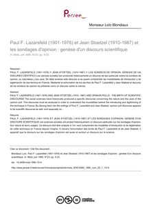 Paul F. Lazarsfeld (1901-1976) et Jean Stoetzel (1910-1987) et les sondages d opinion : genèse d un discours scientifique - article ; n°1 ; vol.23, pg 5-23