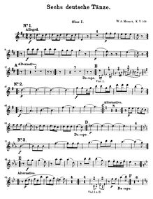 Partition hautbois 1, 6 German Dances, K.509, Deutsche Tänze, Mozart, Wolfgang Amadeus