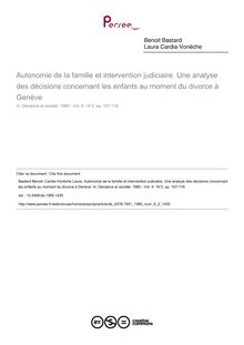 Autonomie de la famille et intervention judiciaire. Une analyse des décisions concernant les enfants au moment du divorce à Genève - article ; n°2 ; vol.9, pg 107-118