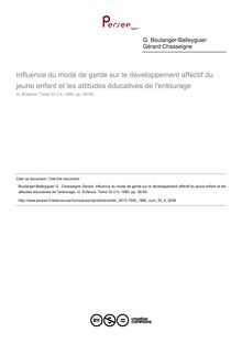 Influence du mode de garde sur le développement affectif du jeune enfant et les attitudes éducatives de l entourage - article ; n°4 ; vol.33, pg 58-59