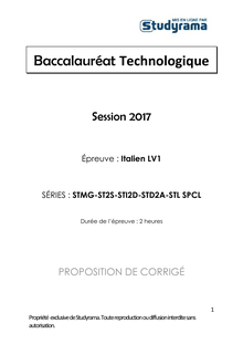 CORRECTION BAC STMG, STL, ST2S, STI2D, STD2A ITALIEN LANGUE VIVANTE 1 2017 
