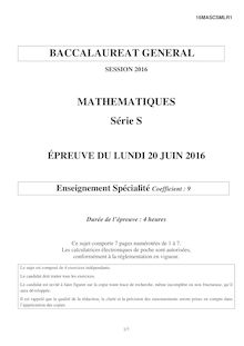 Baccalauréat Mathématiques 2016 - Série S, spécialité
