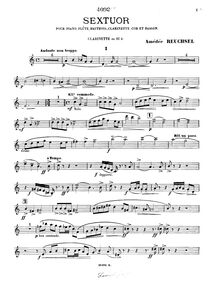 Partition clarinette, Sextet pour Piano et vents, Reuchsel, Amédée