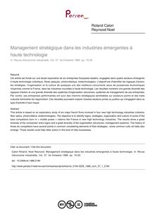 Management stratégique dans les industries émergentes à haute technologie - article ; n°1 ; vol.37, pg 15-30