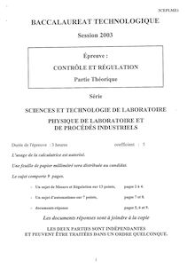 Contrôle et régulation 2003 S.T.L (Physique de laboratoire et de procédés industriels) Baccalauréat technologique