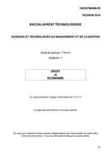Baccalauréat Économie-Droit 2016 - Série STMG